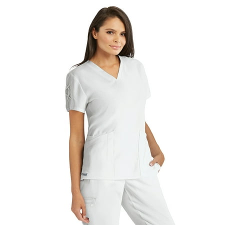 Barco Grey s Anatomy Signature GNT019 Women s Astra Three Pocket V-Neck Laced Sleeve Scrub Top White 3XL