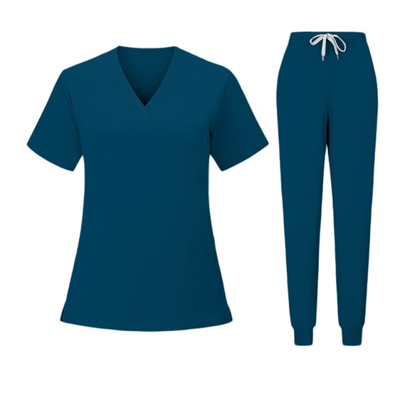 JULMCOMO Scrubs for Women Quick Dry V Neck Short Sleeve Stretchy Medical Uniforms Hospital Work 2 Piece Sets with Multi Pockets Dark Blue L