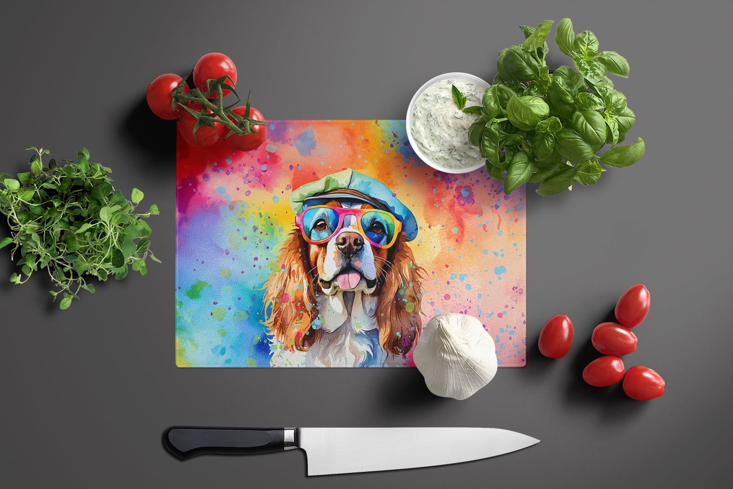 Cavalier Spaniel Hippie Dawg Glass Cutting Board Large 12 in x 15 in
