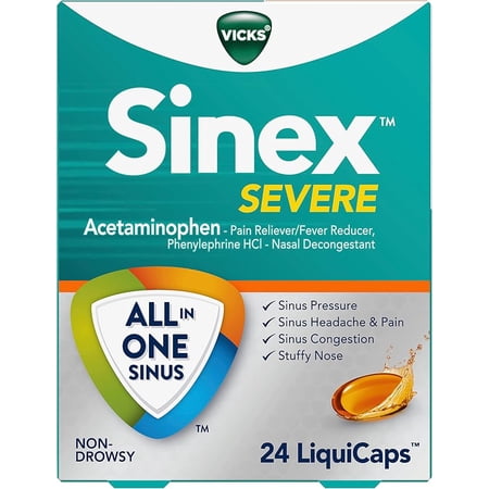 Vicks Sinex SEVERE LiquiCaps, All-In-One Sinus Relief, Non-Drowsy, Nasal Decongestant, Maximum Strength Relief of Sinus Headache, Pain, Pressure, & Congestion, 24 LiquiCaps