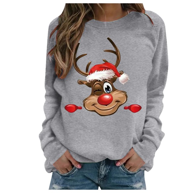 Christmas Women Pullover Mi-Longue Veste Col Rond Hiver Cardigan à Capuche Soft Outwear Graphique Imprimé Sweat-Shirt de Mode à Manches Longues Fermeture Blouse