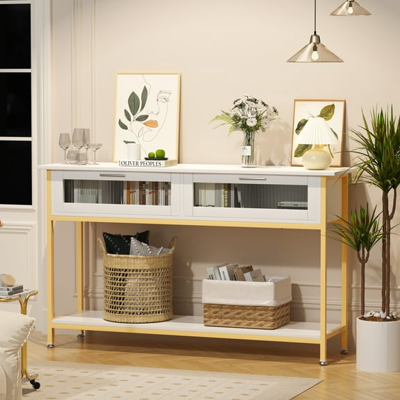 47" Console Table with 2 Drawers, 2 Tier Sofa Table with Storage,Entryway Table, Industrial Console Table for Entryway, Sofa Table Behind Couch for Living Room (White)