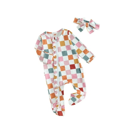 

FEORJGP Infant Baby Spring Fall Jumpsuit Newborn Boys Girls Long Sleeve Rompers Colorful Checkerboard Print Crew Neck Bodysuit Ruffled Zipper Romper with Bow Headband for Loose Casual Clothes