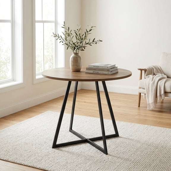 31.5 Inch Round Dining Table for 4 with Black Metal Legs - Modern Brown Kitchen Table
