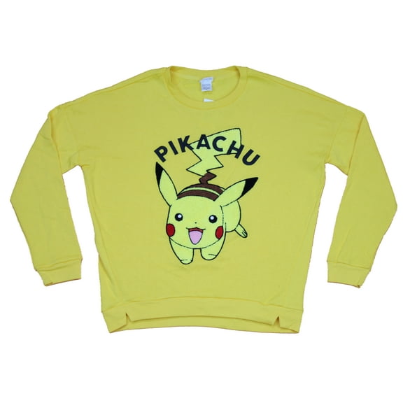 Pokemon Girls Juniors Crewneck Sweatshirt - Raised Patch Happy Pikachu Image (Medium)