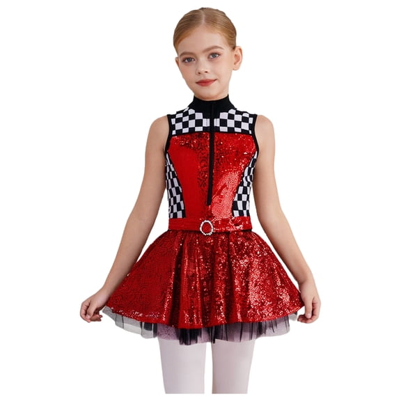 iiniim Girls Sequin Racer Dress Checkered Speed Race Car Driver Jumpsuit Sparkle Racing Clothings Red 14