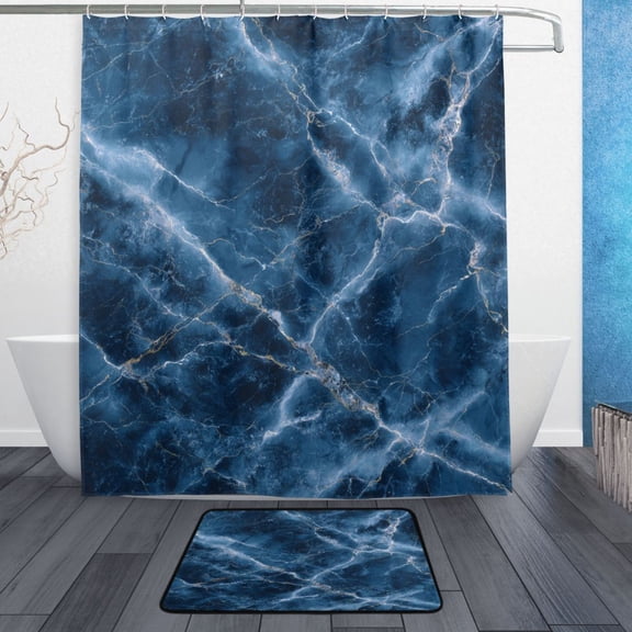 TTYFWHD 60" x 72" Shower Curtain and Bath Mat Set Oceanic Gilded Strata Waterproof Bathroom Curtain with 12 Hooks, Bathroom Decor Set