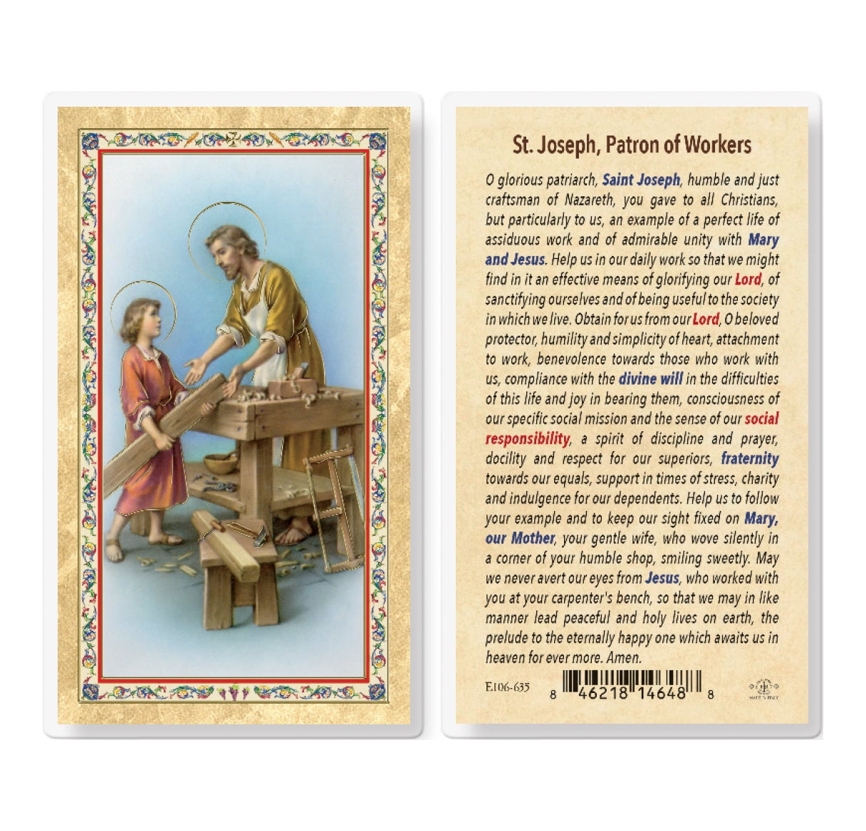 Daily Prayer to St. Joseph the Worker GoldStamped Laminated Catholic