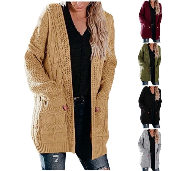 Feancey Long Cable Knit Cardigans for Women Solid Color Loose Open Front Sweaters Winter Casual Knitted Chunky Cardigan Outwear with Pockets Back to School Prime Sales Army Green M