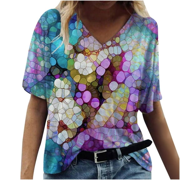 Ichuanyi Womens Tops, Summer Clearance Women V-Neck Short Sleeve T-shirt Top Floral Print Casual Loose Blouse