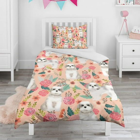Shih Tzu Dog and Floral Duvet Cover and Pillowcase Set for Single Bedding, Bedroom Accessories for Kids Teens