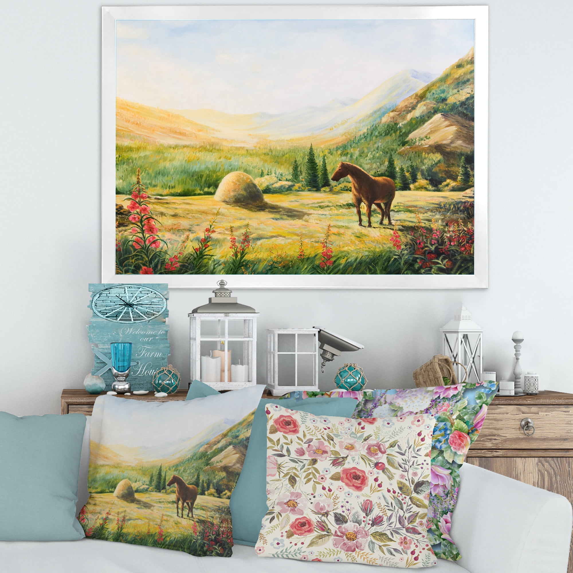 Designart 'Sunrise In The Mountains With Horse' Farmhouse Framed Art Print