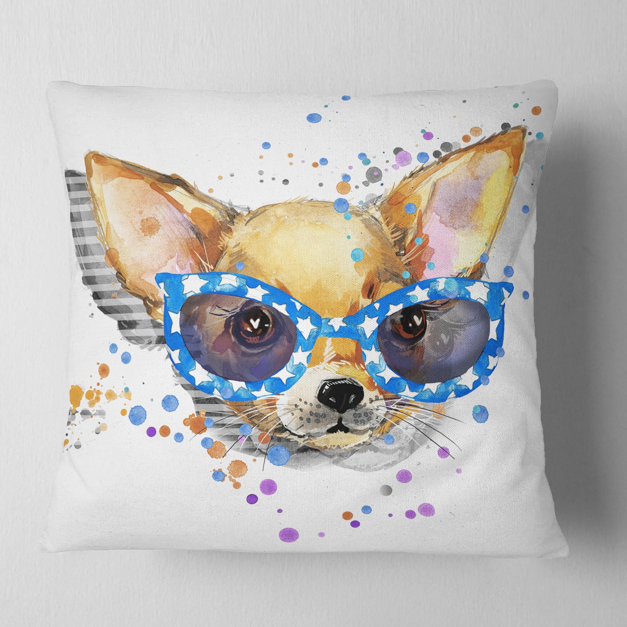 Designart Cute Puppy with Blue Glasses - Animal Throw Pillow - 16x16