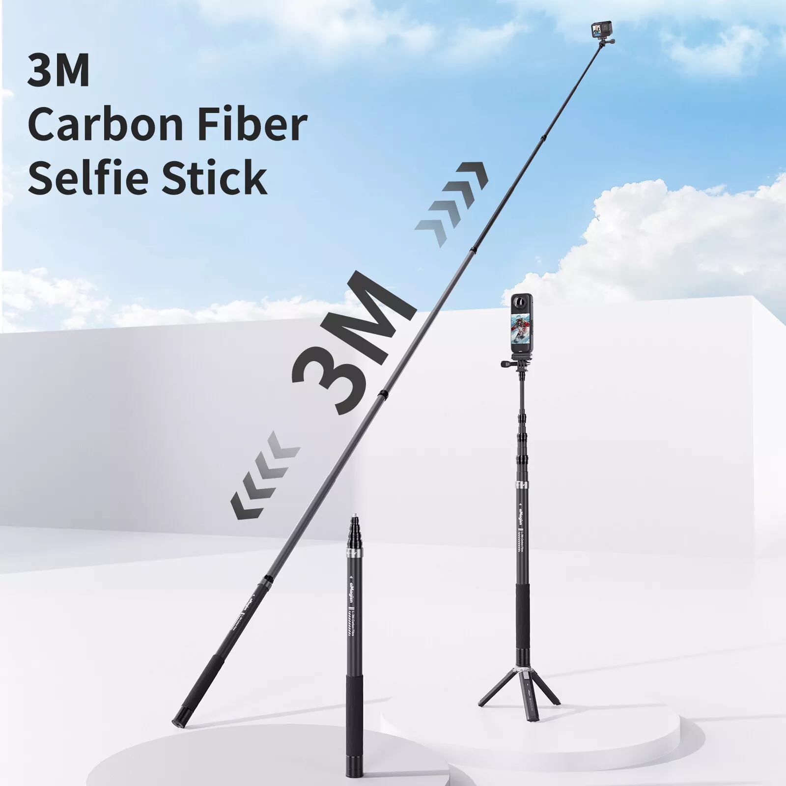 3M Carbon Fiber Extendable Selfie Stick for Insta360, DJI, GoPro – Ultra Lightweight with Tripod Base & Travel Carry Bag