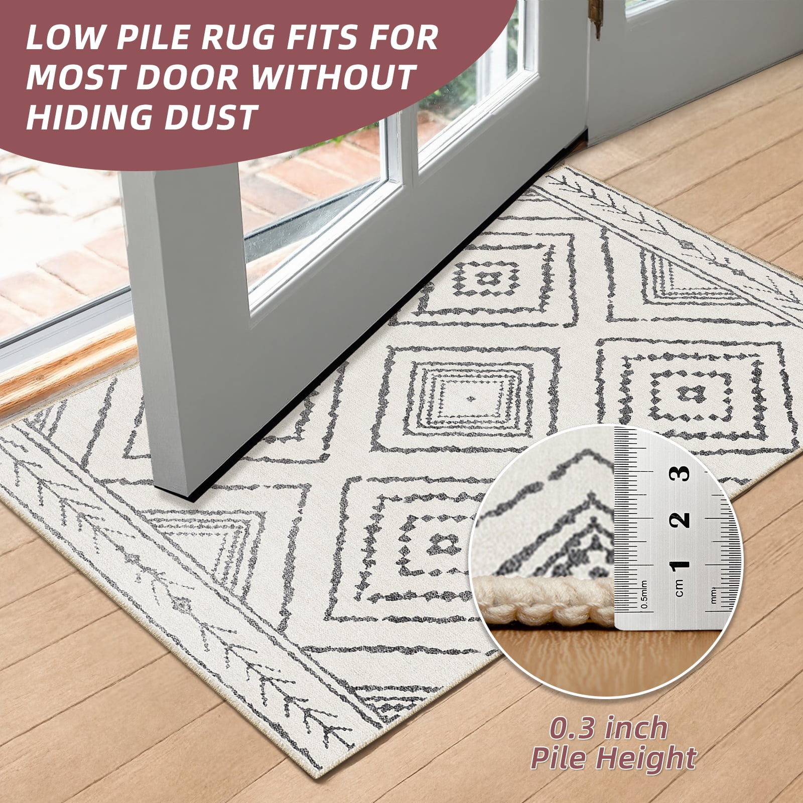 6'x9' Area Rugs for Living Room, Machine Washable Non-Slip Carpet, Soft Faux Wool Low Pile Moroccan Farmhouse Western Rug, Black and White