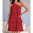 thumbnail image 4 of Women'S Summer Sleeveless Mini Dress Boho One Shoulder Ruffle Tiered Layered Flowy A Line Dresses Red L, 4 of 9
