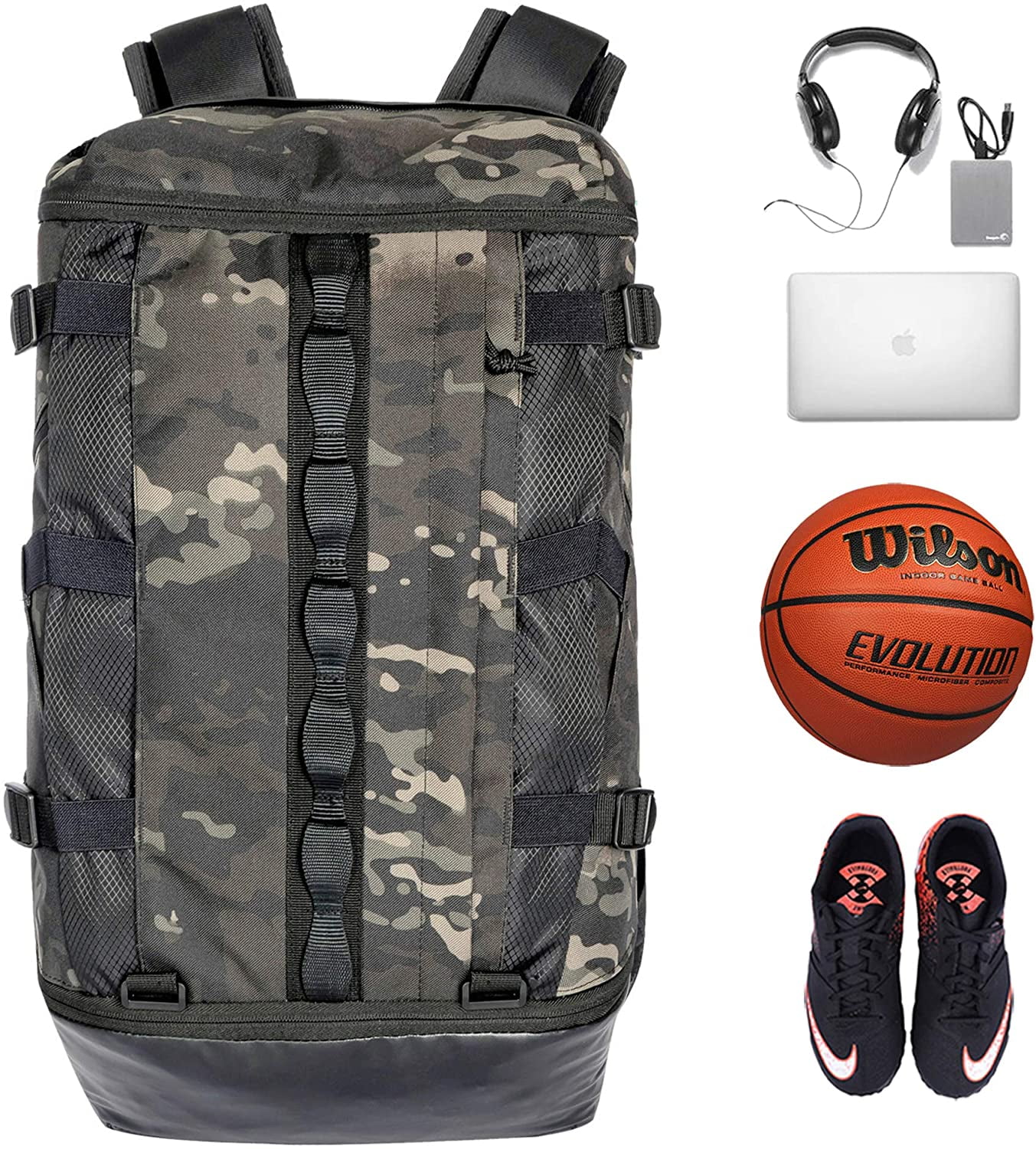 TRAILKICKER Sports Laptop Backpack with Ball Compartment Shoe Drawstring Pocket, Multipurpose Waterproof Youth Bag for Travel Swimming Basketball Baseball Soccer Gym Workout