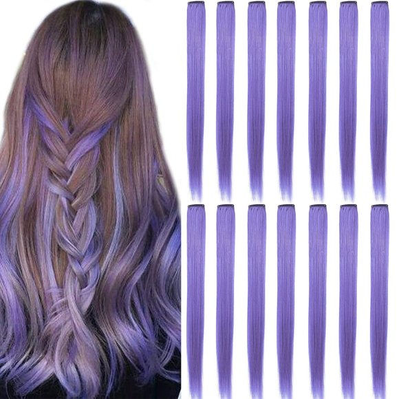 ECOCHARMS 12 PCS Princess Party Highlight Lavender Hair Pieces Colored Hair Extensions Clip in/On for Girls Wig Pieces 20 Inch (Lavender)