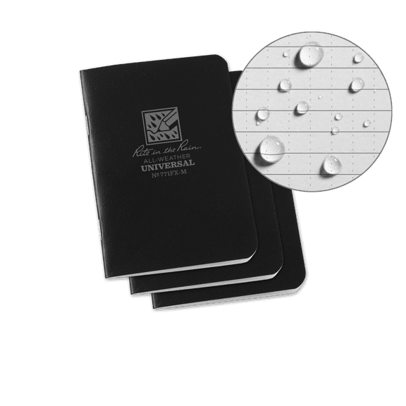 Rite in the Rain Weatherproof Mini Stapled Notebook, 3.25" x 4.625", Black Cover, Universal Pattern, 3 Pack (No. 771FX-M)