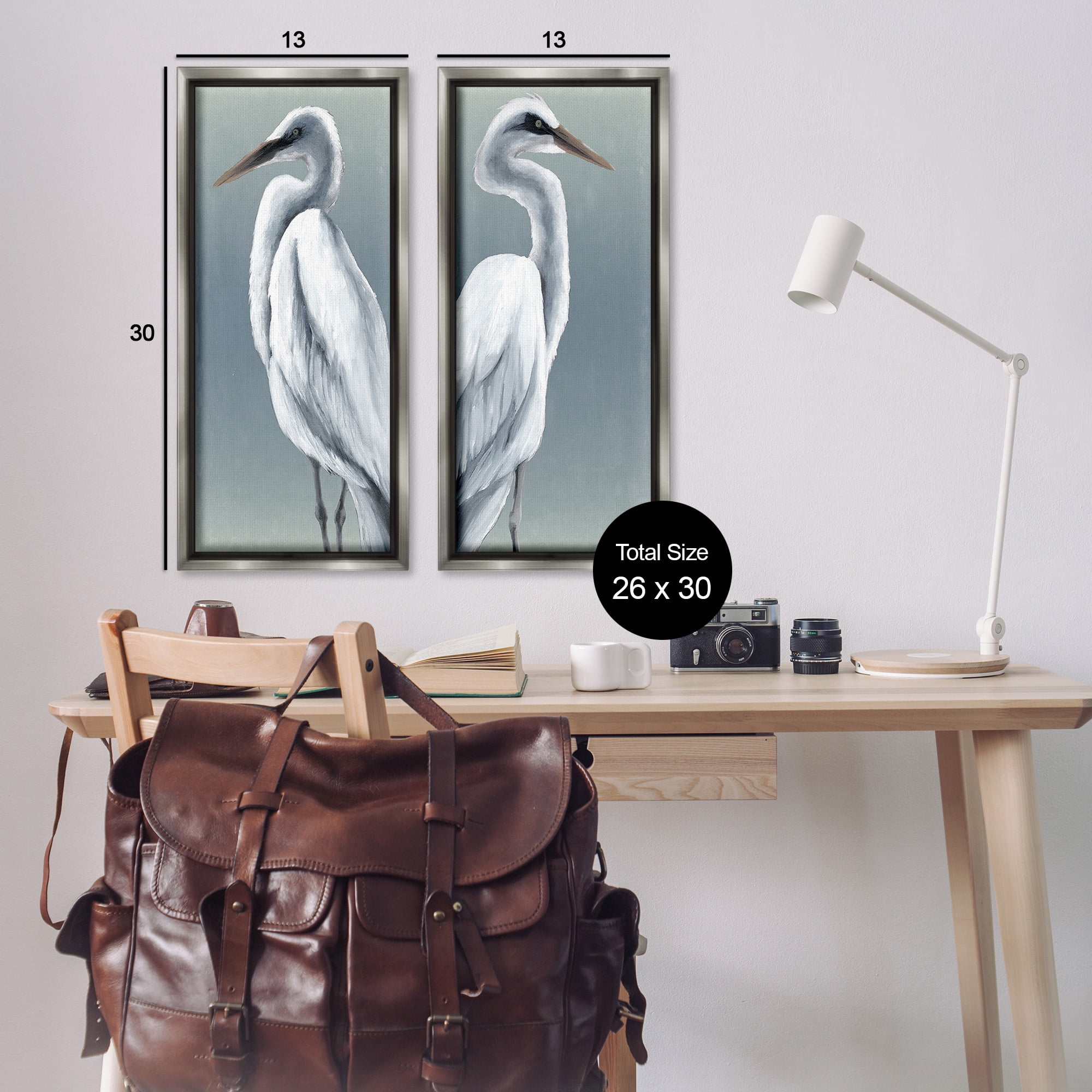 Stupell Industries Nautical Egret Portraits Animals & Insects Painting Gray Floater Framed Canvas Art Print Wall Art, 14 x 31, Set of 2