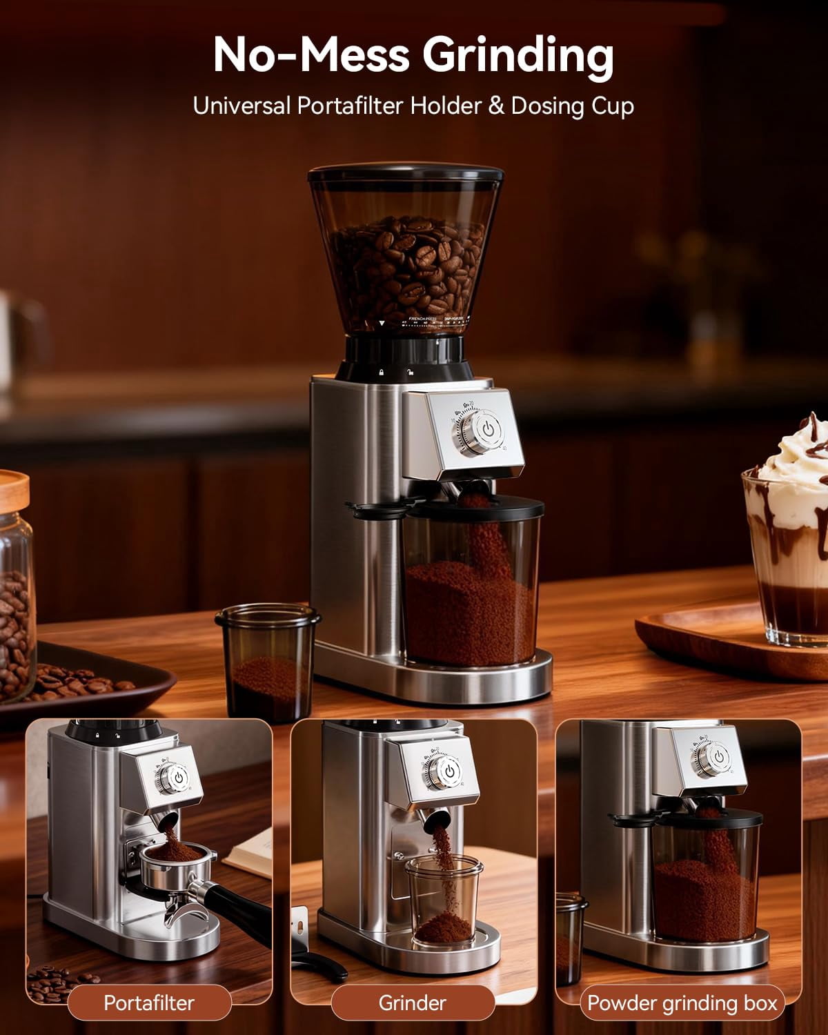 IAGREEA Conical Burr Coffee Grinder, 48 Grind Settings, Time‑Precise, Anti-Static Stainless Steel with Portafilter Holder for Espresso, Cold Brew