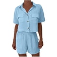 thumbnail image 6 of OGLCCG 2 Piece Summer Outfits for Women Cotton Linen Button Down Short Sleeve Shirt Top and Shorts Casual Travel Lounge Sets with Pockets,S,Light Blue, 6 of 7