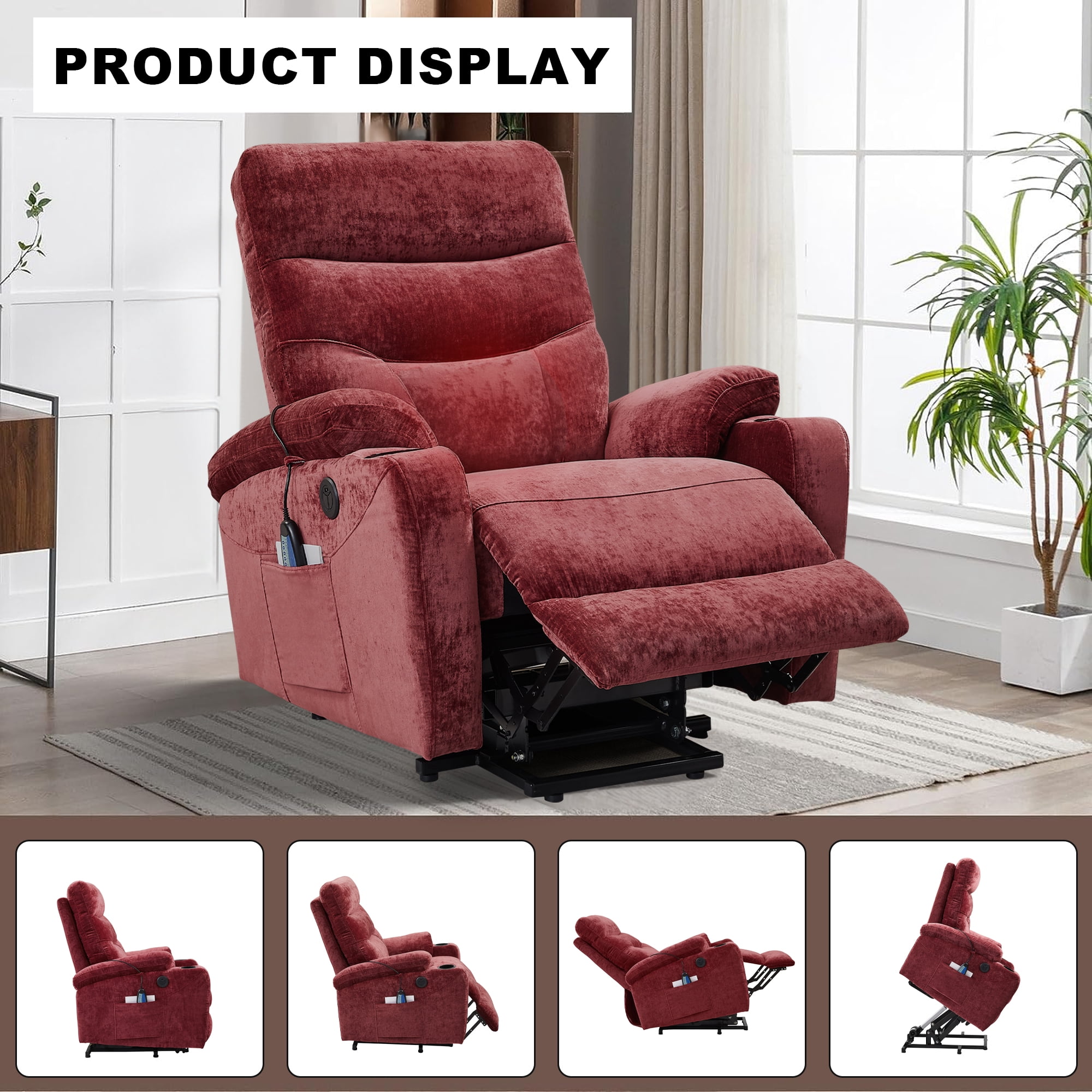 Aukfa Electric Power Lift Recliner Chair with Massage and Heat, USB Ports, 2 Side Pockets, Cup Holders for Elderly, Red