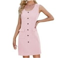 thumbnail image 2 of QUINDOS Dresses for Women Shirt Dress Office Crew Neck Sleeveless Work Dresses Summer Solid Color Button Pockets Mini Above Knee Dresses for Women, 2 of 6