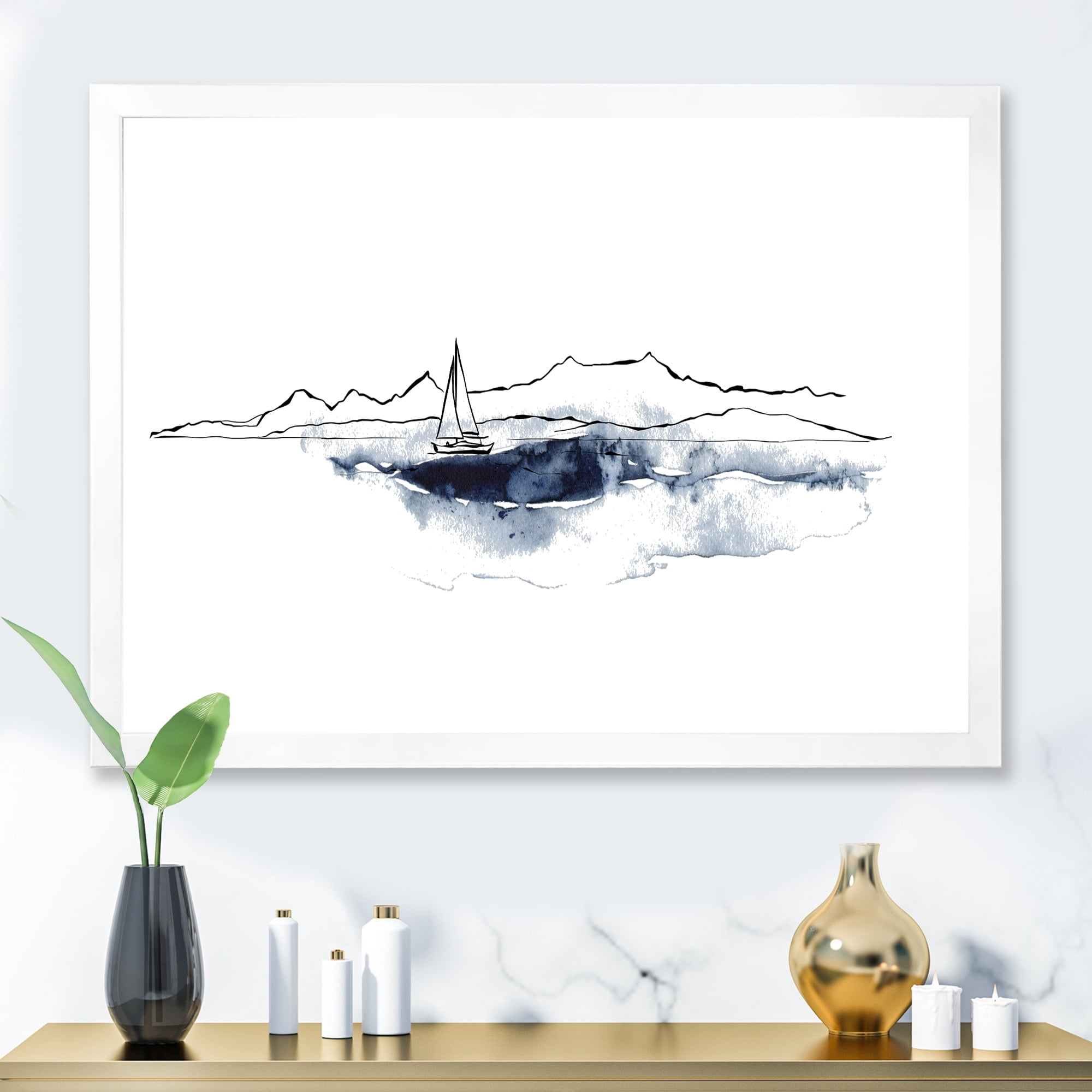 Designart 'Minimalistic Seascape With Boat and Black Mountains' Nautical & Coastal Framed Art Print