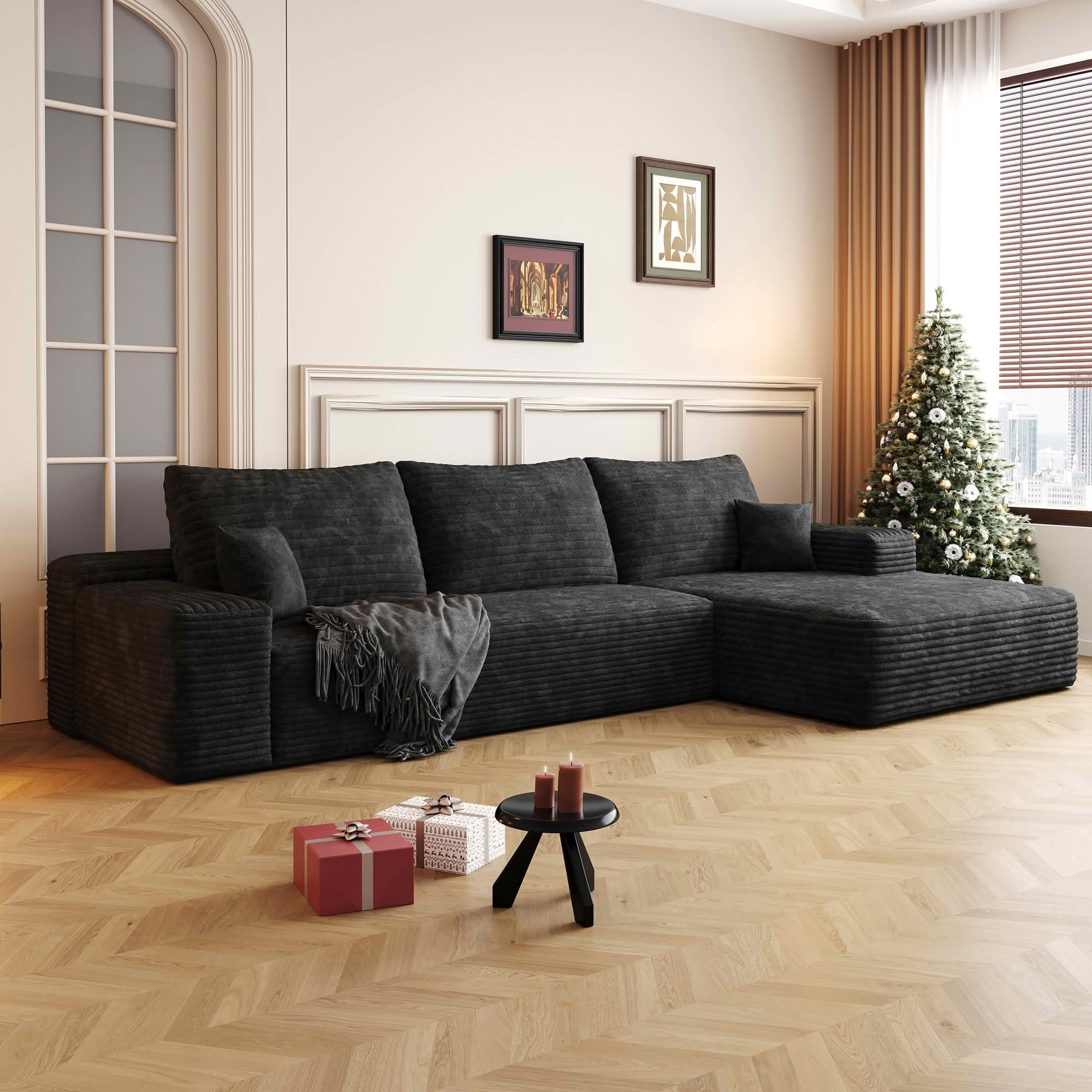 MAYEERTY 107-Inch Black Plush Corduroy 3-Seat L-Shaped Cloud Modular Sectional Sofa, Deep Seat Couch with Chaise No Assembly Required