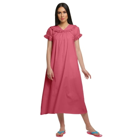 

Moomaya Solid WoMen s Cotton Nightwear Short Sleeve Sleepwear Nightdress