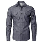 MAZARA Men's Preimium Quality Basic Long Sleeve Snap Button Denim Shirts Blue Small