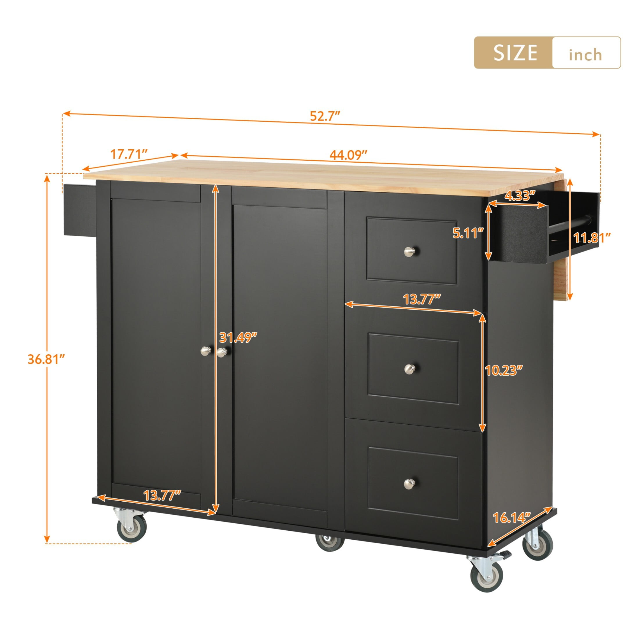 AENKYO 52.7'' Kitchen Island Cart with Drop Leaf, Rolling Kitchen Storage Cart with 3 Drawers, Black