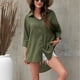 thumbnail image 2 of Camisa con botones para mujer, cuello vuelto, manga tres cuartos, dobladillo Irregular, Color puro, blusa holgada para mujer OD verde M, 2 of 8
