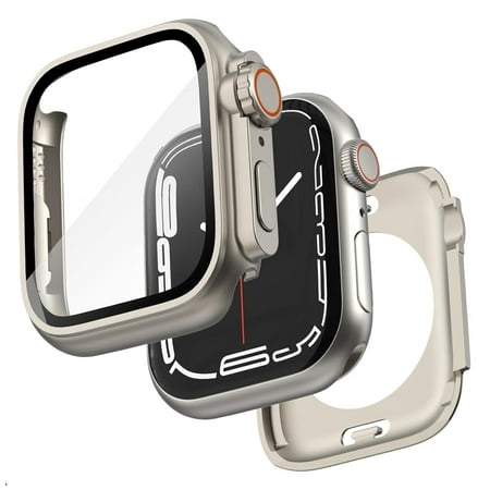 Ultra Look - IC ICLOVER 2 in 1 for Apple Watch Case Series 9 8 7 45mm Waterproof Screen Protector, iWatch Protective PC Face Cover Built-in Tempered Glass Film, Front & Back Bumper, Titanium