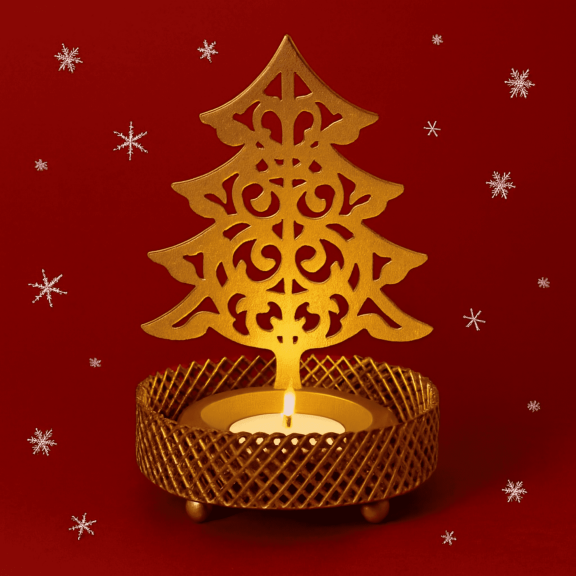 Satyankit Tealight Matte Gold Iron Cutout Holidays Christmas Tealight Candles Luminary Candle Holder