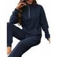 thumbnail image 2 of FIOPHY Women's Waffle Knit 2 Piece Outfits Lounge Sets 1/4 Zip Up Pullover Long Sleeve Top Jogger Sweats Track Suits Set,Navy Blue，L, 2 of 5