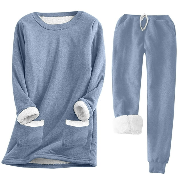 DPTALR Femmes Solide Poche Ronde avec Épaissi Isolation en Peluche à Manches Longues Top et Pantalon en Peluche Ensemble