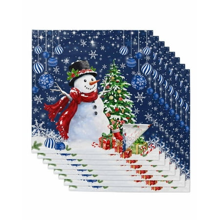

Blue Christmas Cloth Napkins Set of 8 Xmas Snowman Pine Tree Snowflake Balls Washable Reusable Dinner Cocktail Napkin for Kitchen Party Wedding Banquet Holiday Baby Shower Table Decor