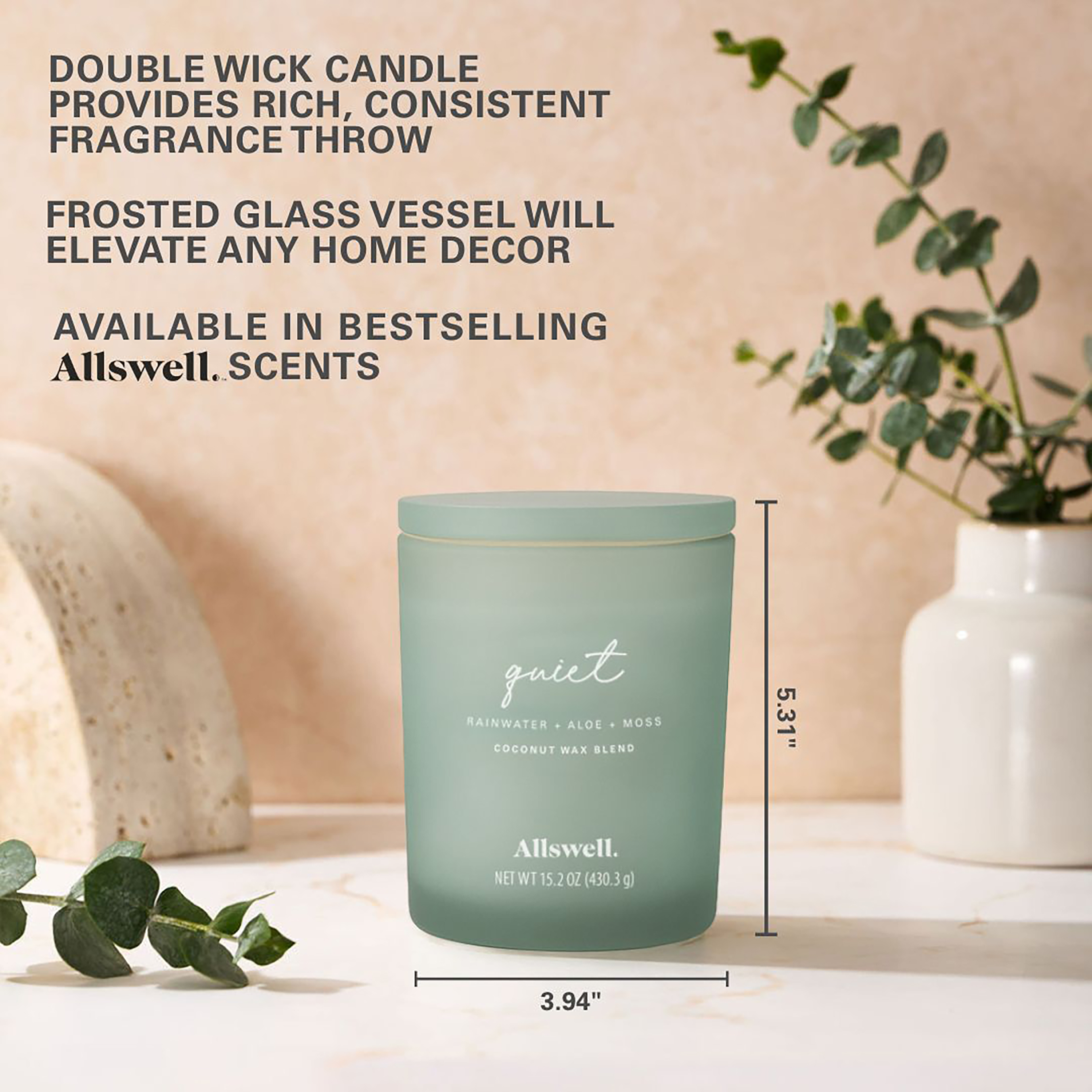 Allswell Quiet (Rainwater + Aloe + Moss) Scented 2-Wick Spa Jar Candle 15.2oz.