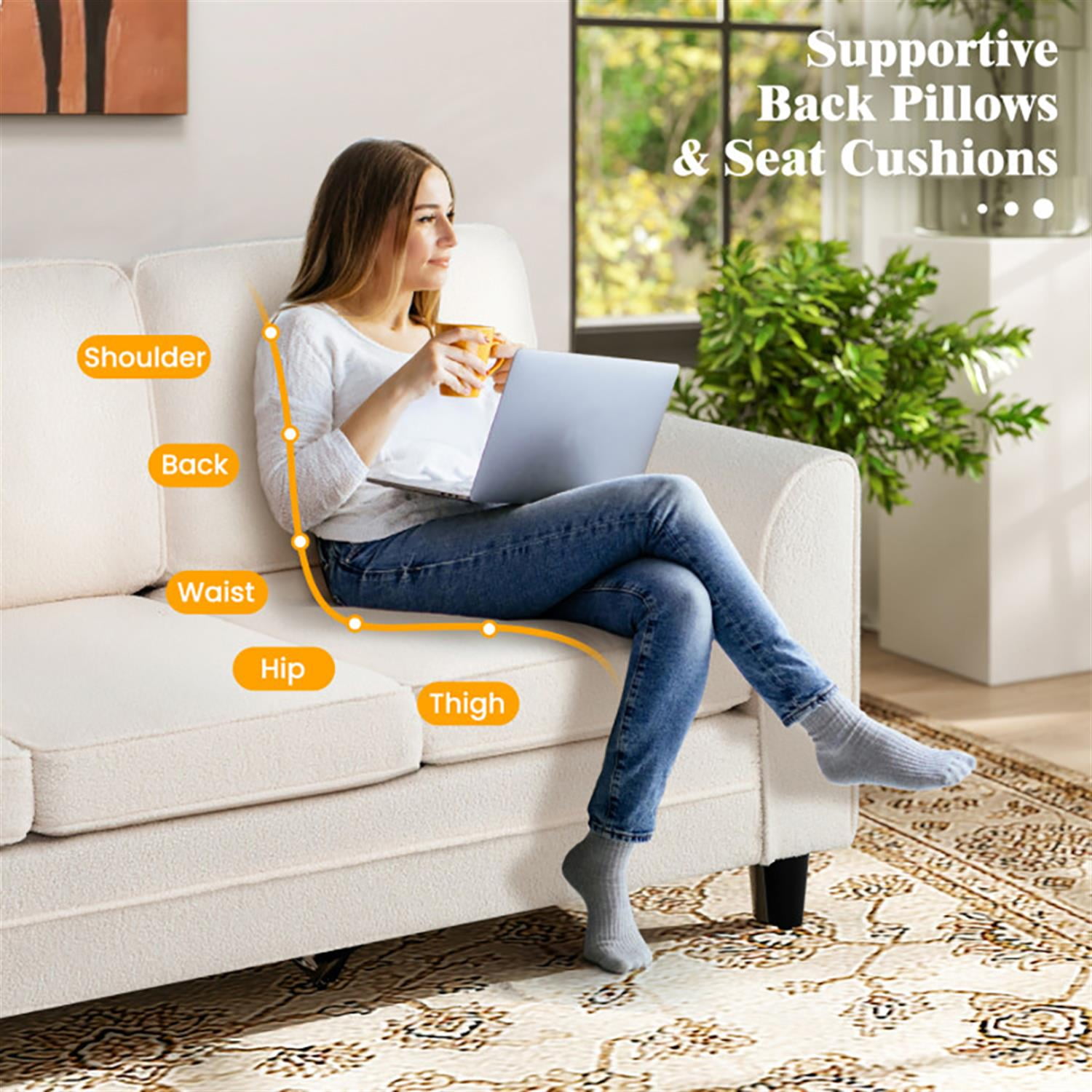 Demi Bonn 3-Seat Sofa for Living Room, Modern Comfy Sofa with Comfy Back Pillows, Upholstered Teddy Velvet Couches for Small Space, Apartment, White