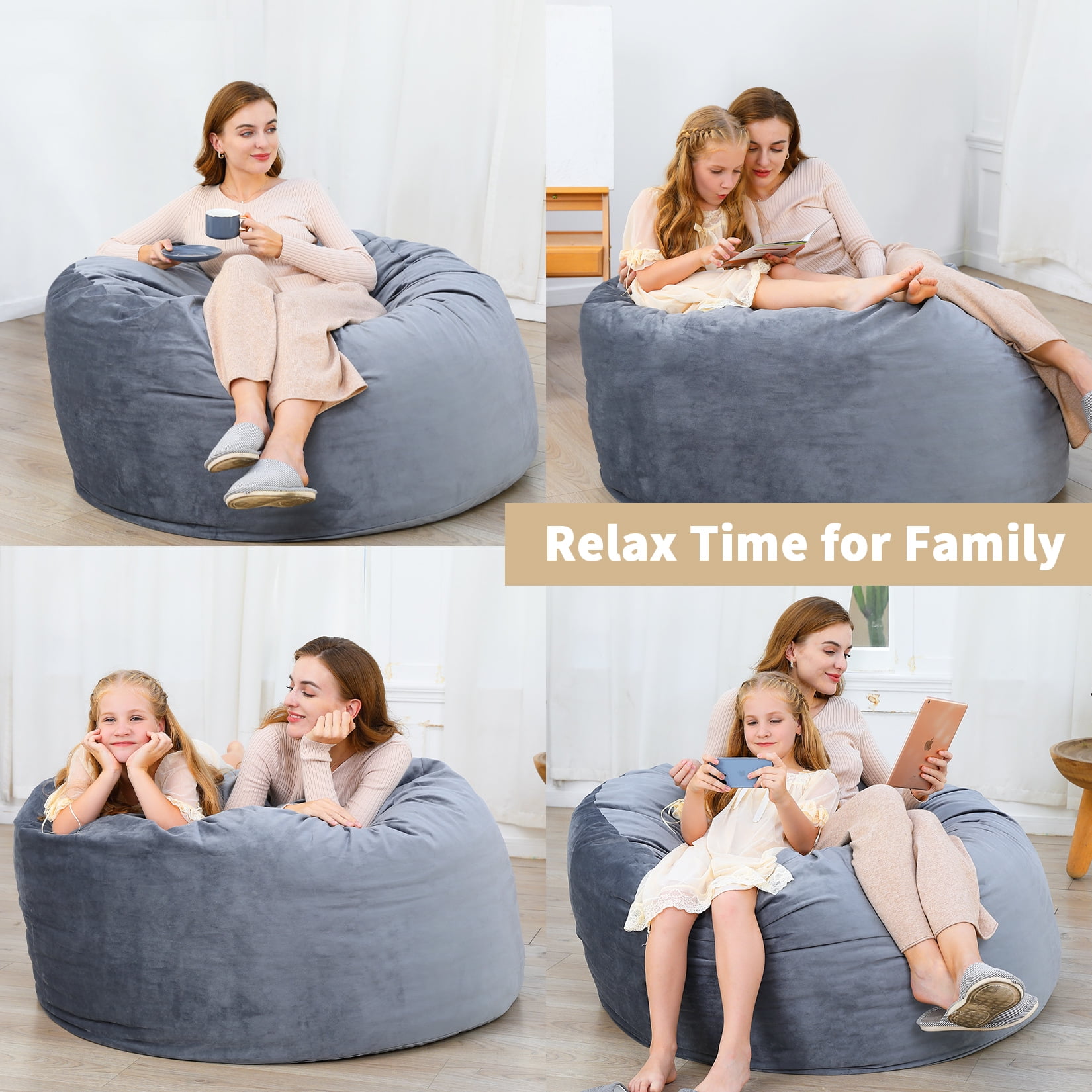 4FT Large Bean Bag Chair, Giant Bean Bag Chair with Filling, Round Bean Bag Sofa for Adults Teens, Big Sofa Bean Bag Chairs Soft Velvet Beanbag for Bedroom Living Room