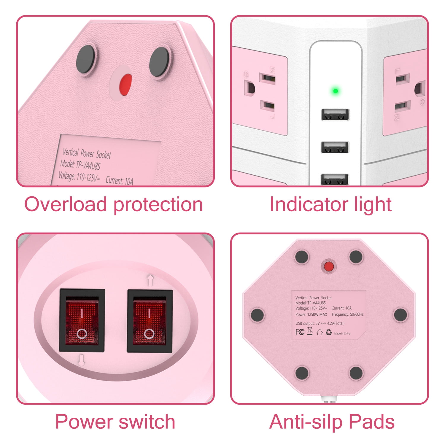 HITRENDS power strip with surge protection, 8 AC outlets + 4 USB ports, 16 AWG, 6.5ft power cord (1250 W, 1050 J)