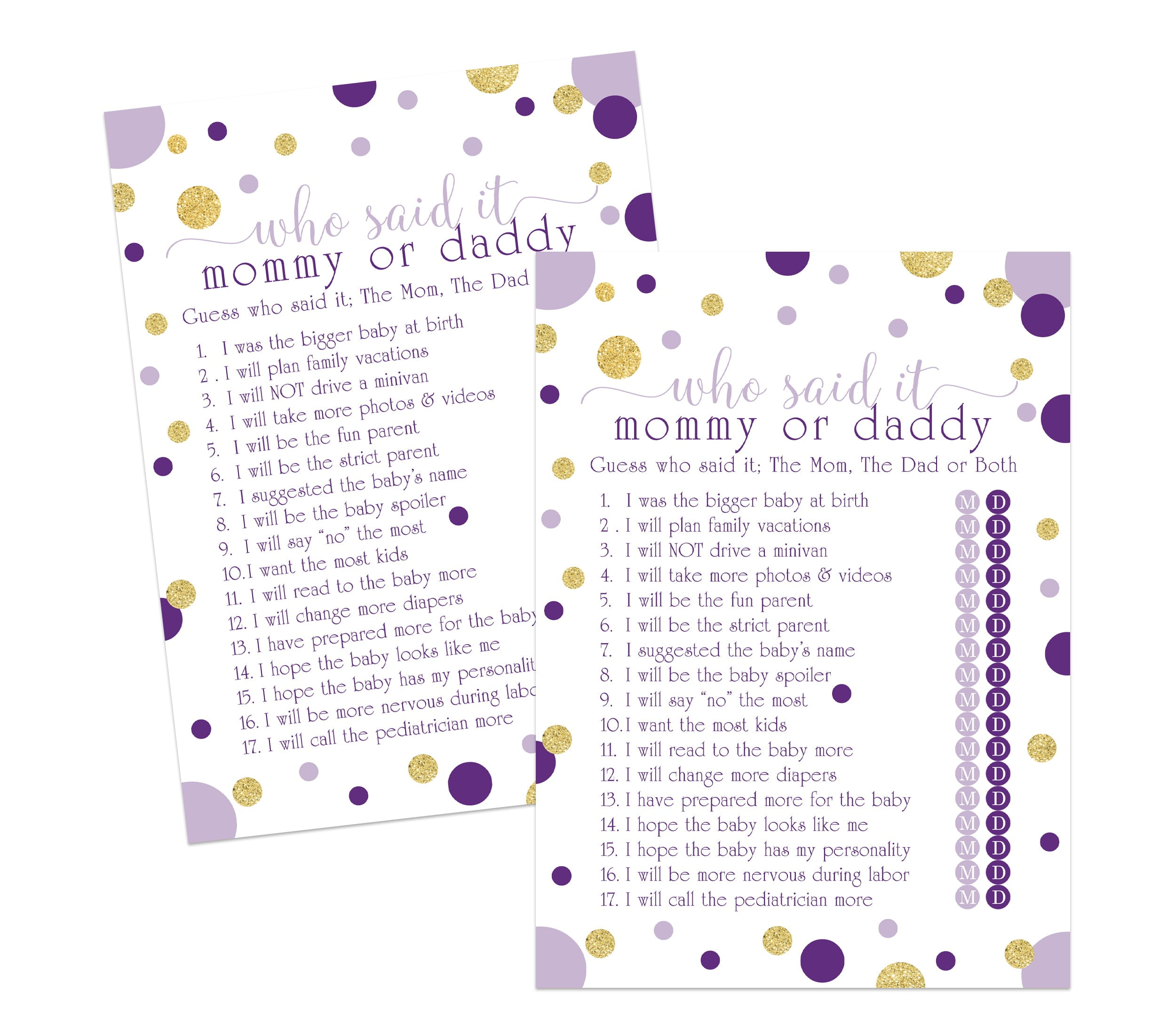 Purple and Gold Baby Shower Mommy or Daddy Game Cards - Parents Guessing Activity for Guests - Gender Reveal - Royal Mermaid Princess Theme - 5x7 Size Set - Paper Clever Party