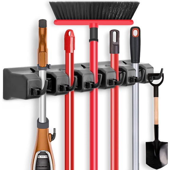 1pc Home Office Mop Broom Holder, Wall Mounted Organizer-Mop and Broom Storage Tool Rack with 5 Ball Slots and 6 Hooks (Black)