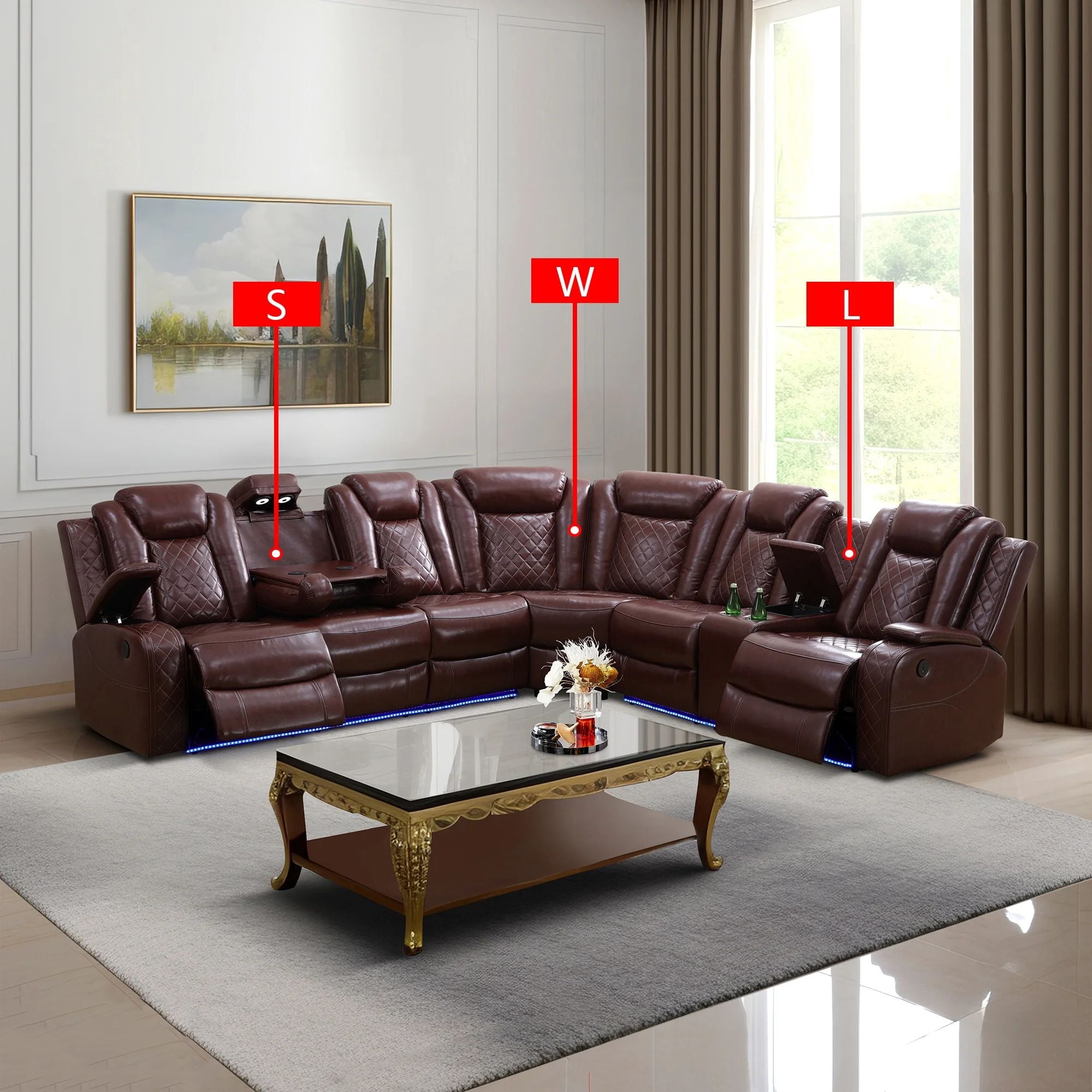 Gewnee Air Leather Power Recliner Sectional Sofa with Cup Holder, Oversize Sofa Couch for Living Room Home Office Theater