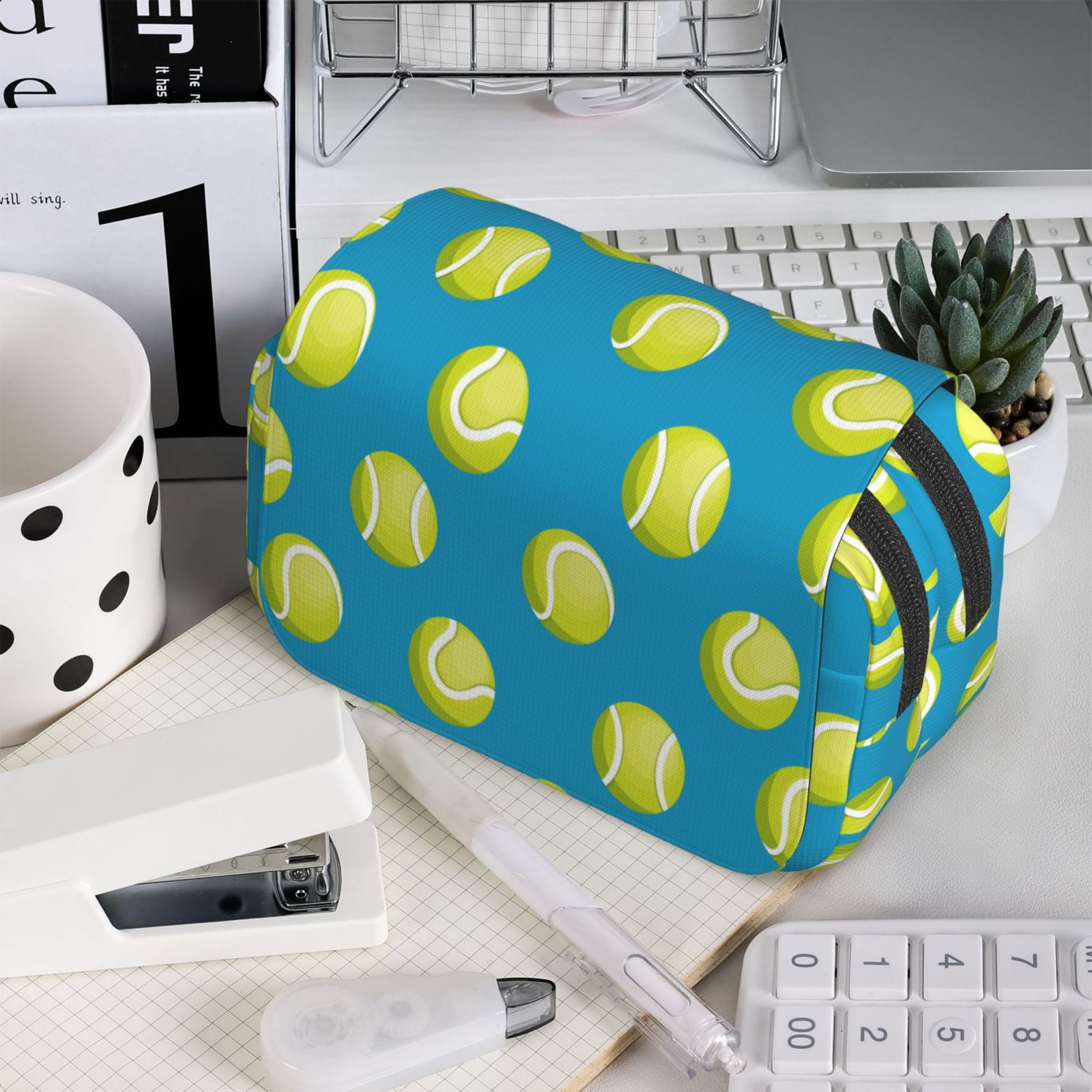 Rateoe Ball Tennis Pattern Double Clamshell Pen Case, Storage Organizer with Two Zipper Compartments– Holds Up to 50 Pencils & Pens