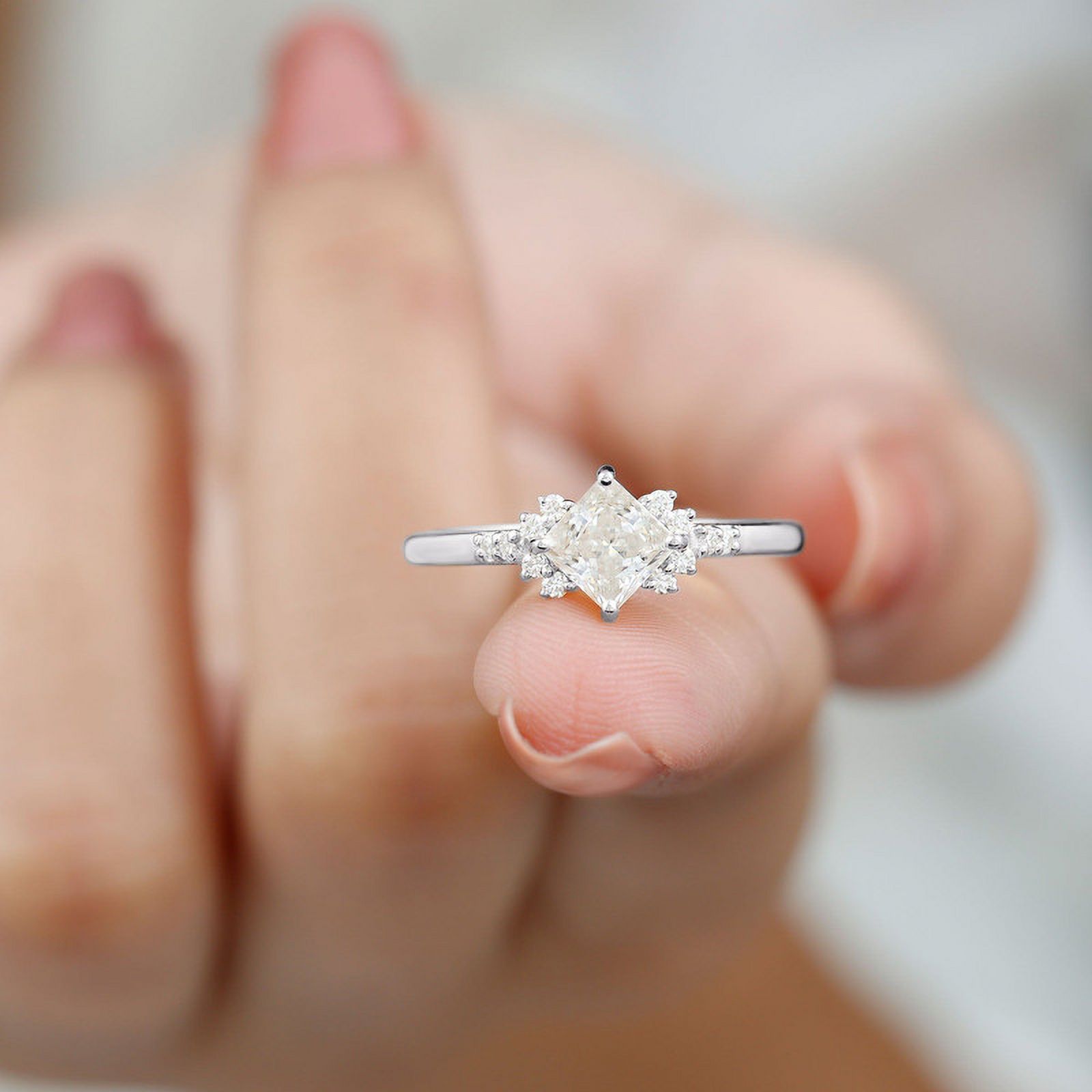 Spot Jewel 14K White Gold Rings - 1.7 Ct Princess Cut Diamond Ring - Engagement Wedding Diamond Jewelry for Women - Gorgeous Anniversary Gifts - Casual Daily Wear Rings - Promise Rings for Her