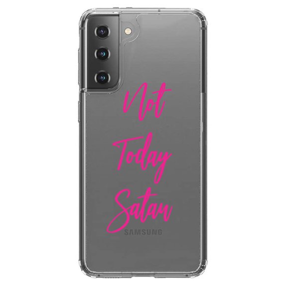 DistinctInk Clear Shockproof Hybrid Case for Galaxy S21  PLUS 5G (6.7" Screen) - TPU Bumper Acrylic Back Tempered Glass Screen Protector - Not Today Satan - Hot Pink