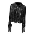 thumbnail image 3 of Chaqueta con flecos de lentejuelas, abrigo de solapa con purpurina de manga larga, cárdigan abierto por delante para vacaciones, festivales de música, negro Yinane Chaqueta de lentejuelas para mujer, 3 of 7